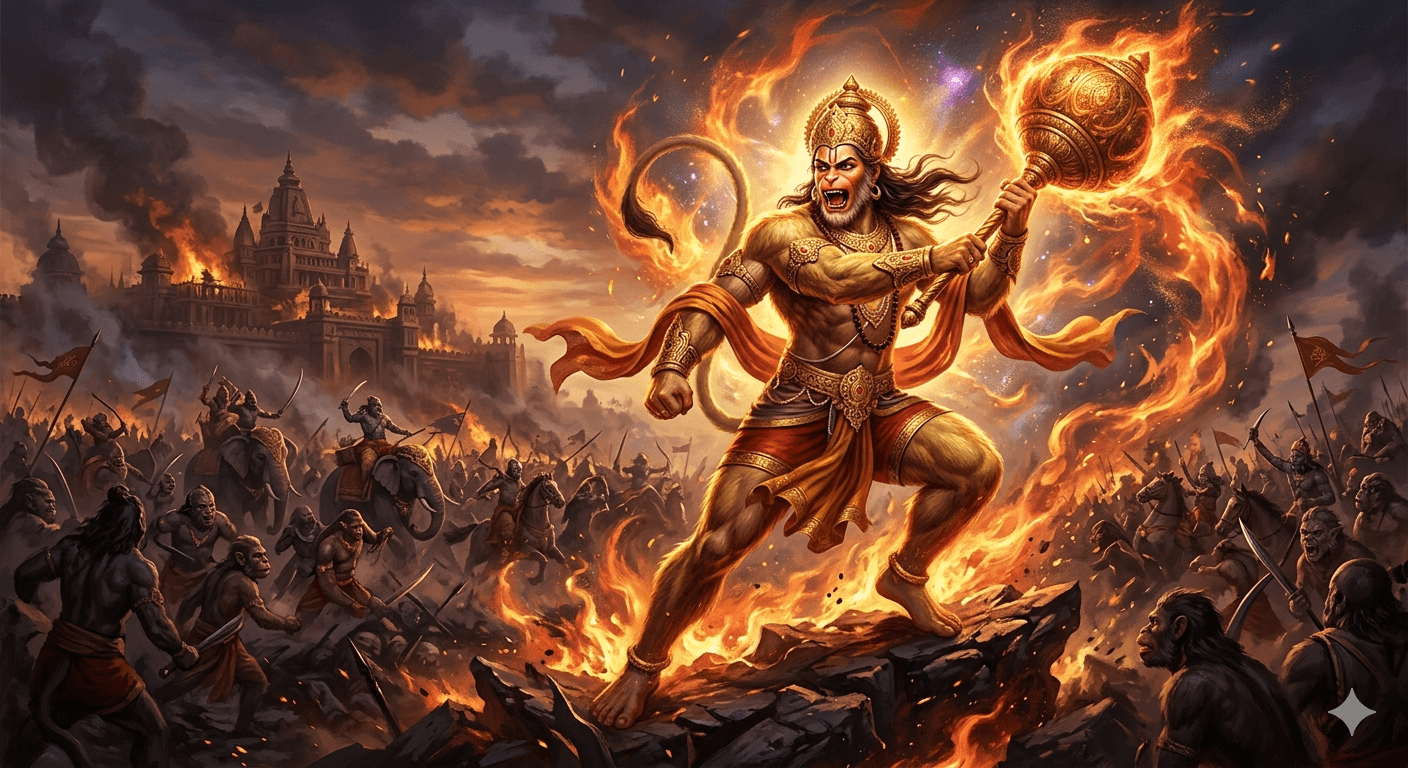 Shri Hanuman in fierce protective form wielding his mace — original AI illustration for Bajrang Baan
