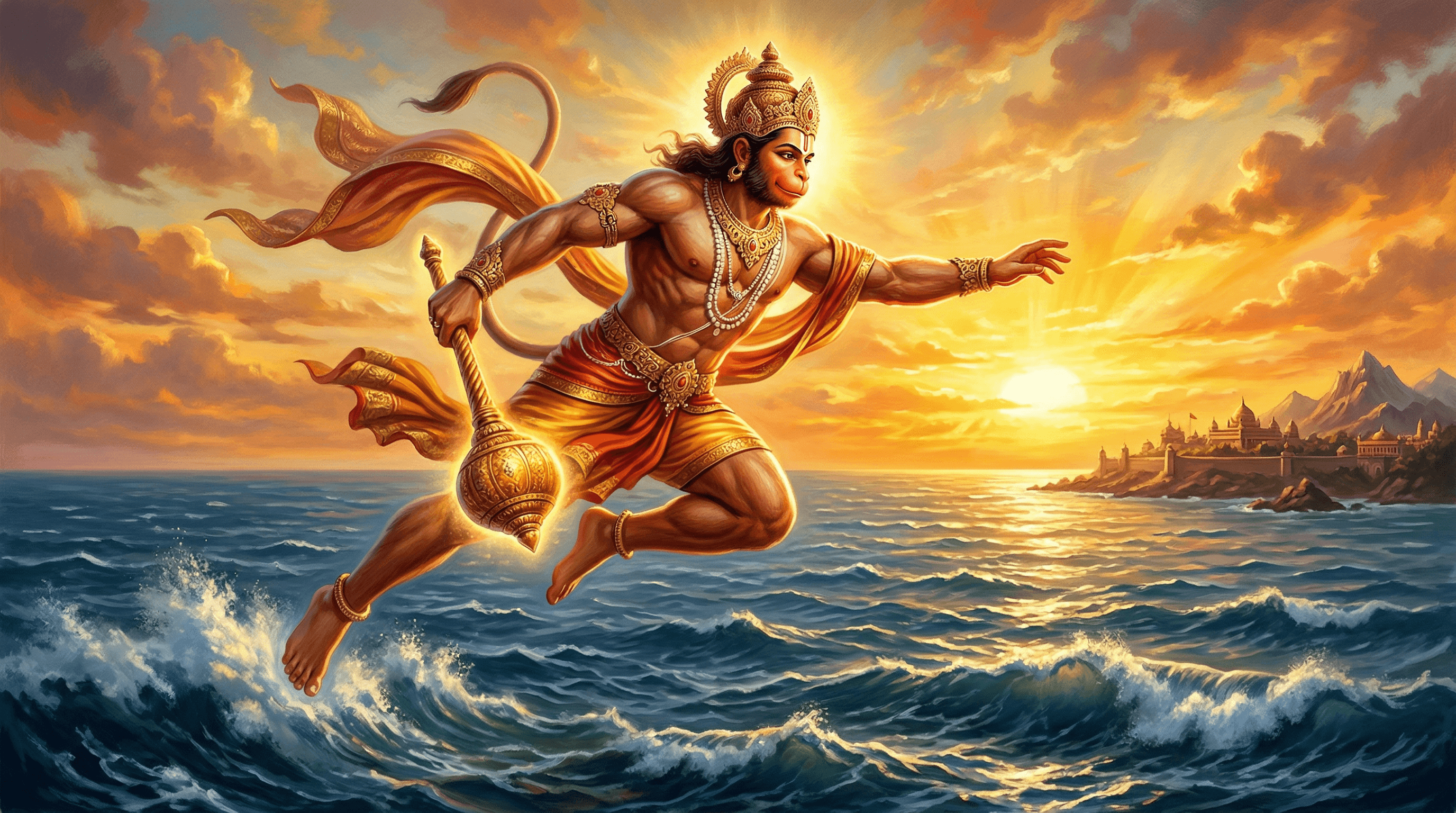 Hanuman in his magnificent form leaping across the vast ocean toward Lanka, the horizon glowing golden before him