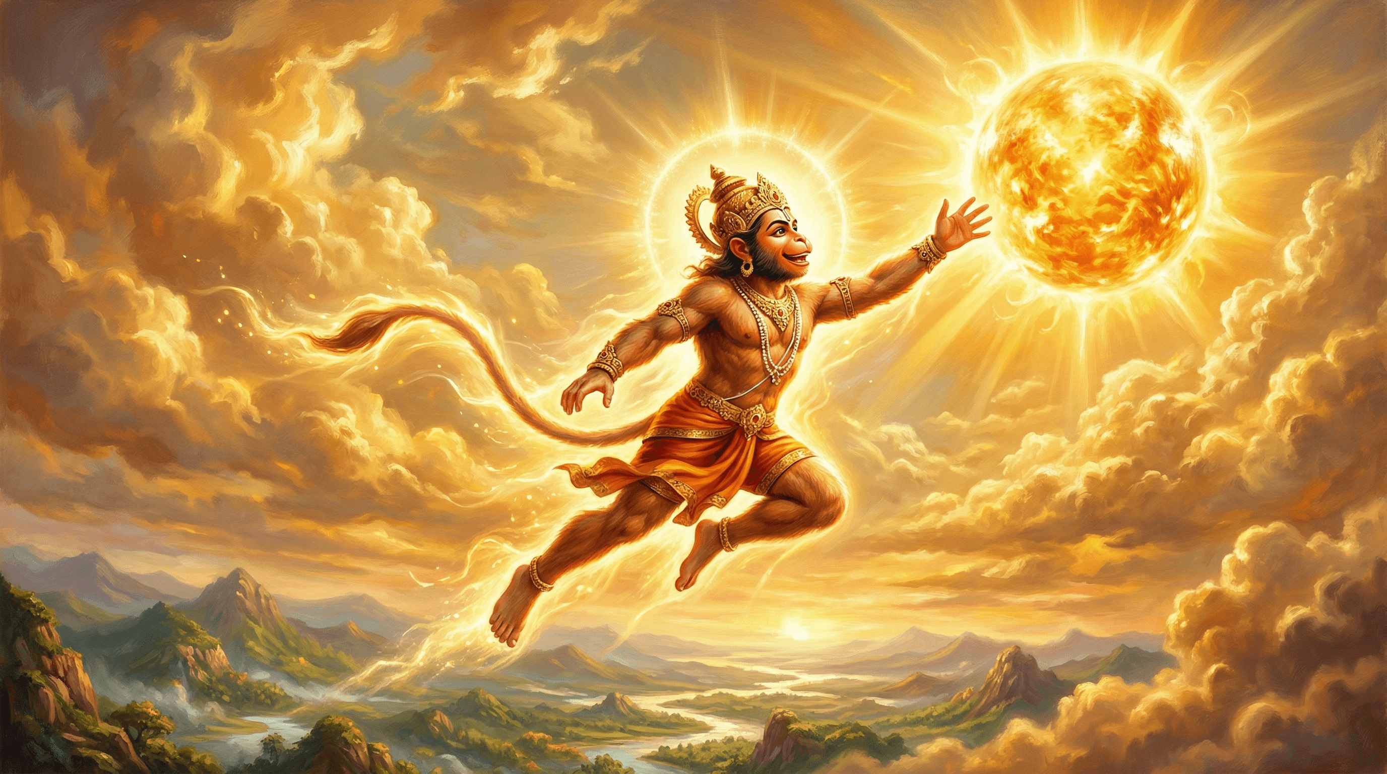 Young Hanuman leaping into the golden sky toward the sun, with divine radiance surrounding him